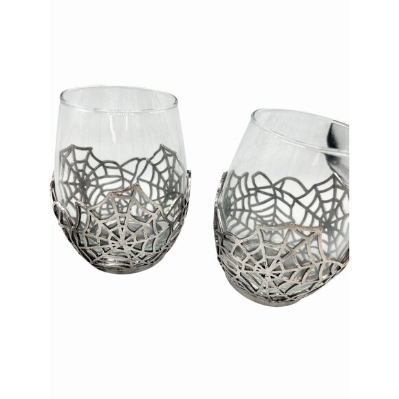 NWT SET OF 3 LARGE SILVER METAL SPIDERWEB STEMLESS WINE WATER GLASSES HALLOWEEN - Picture 6 of 7
